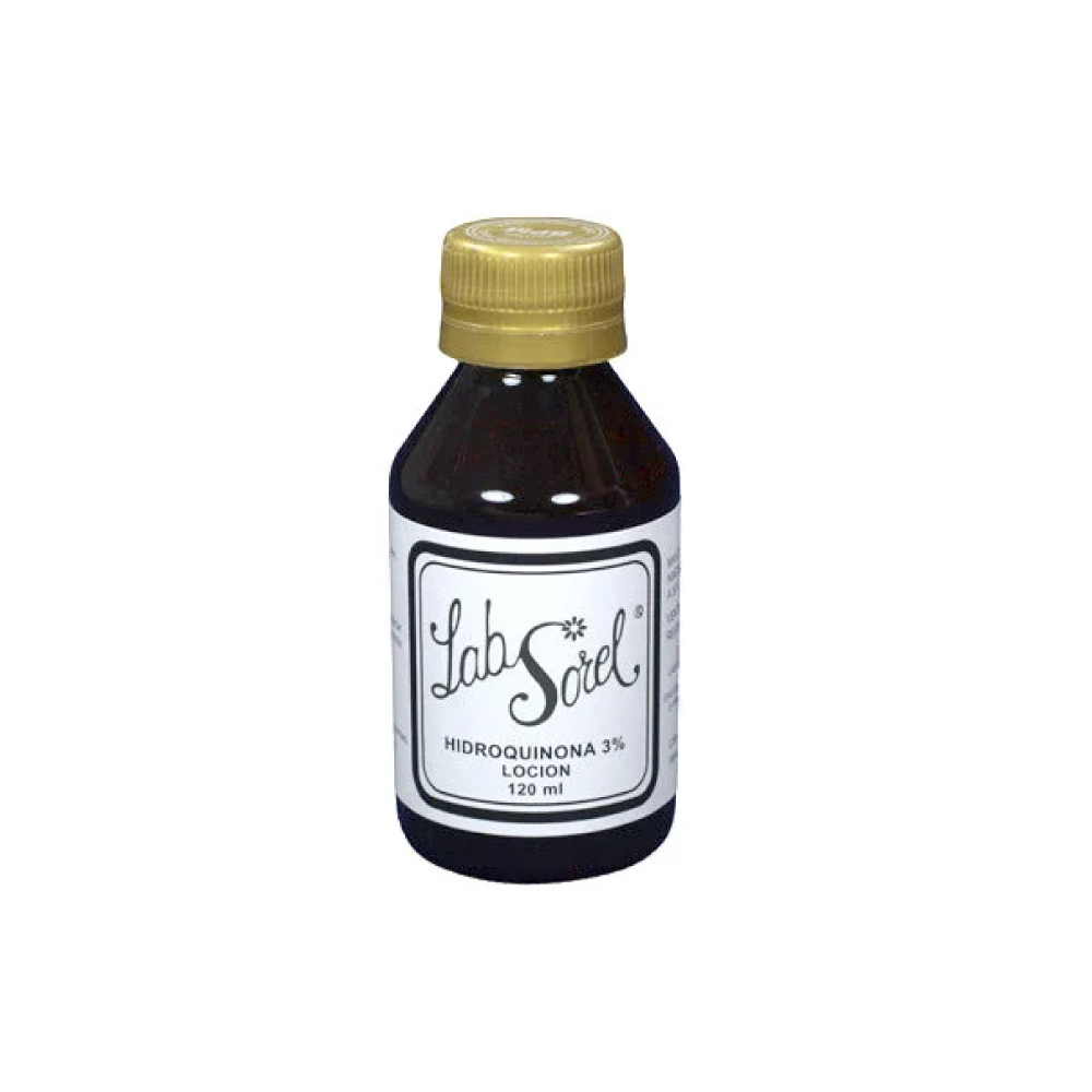 Loción Hidroquinona LABSOREL 3% 120 ml ECAR, presentación del producto para cuidado dermatológico.