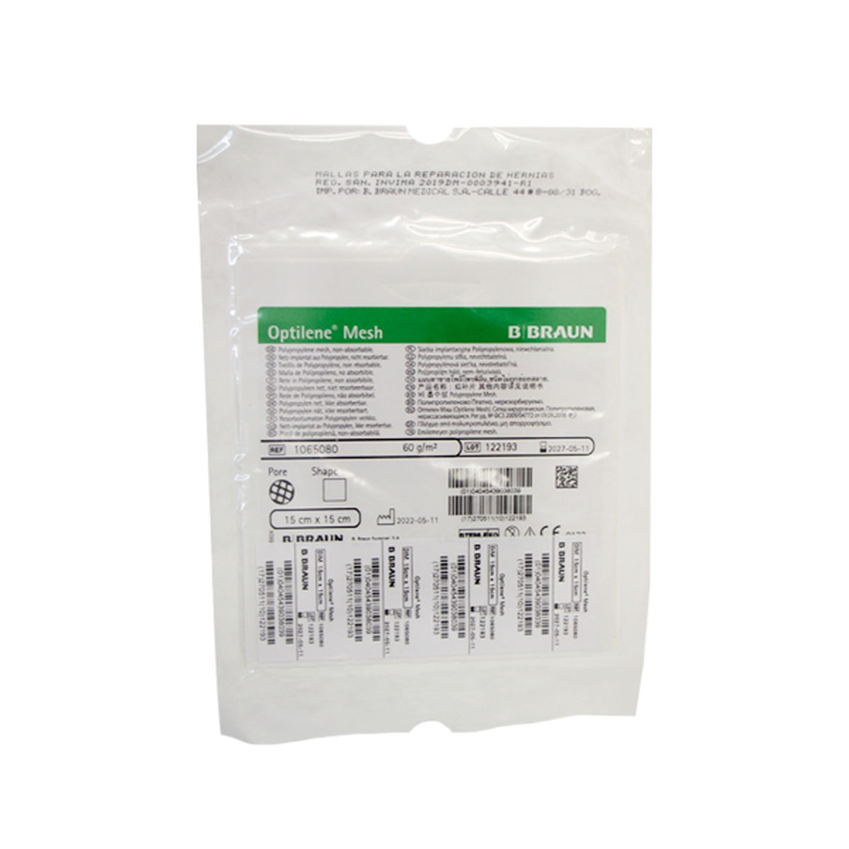 Malla para hernia Optilene Mesh de 15 x 15 cm, fabricada en polipropileno monofilar, color azul, presentada en blíster estéril.
