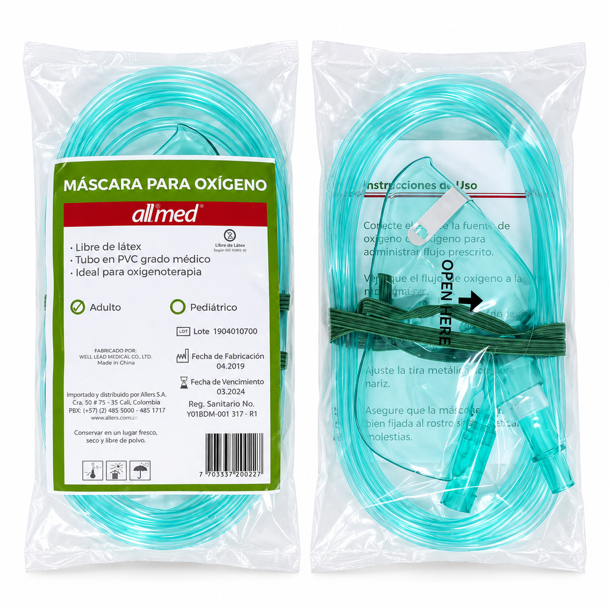 Máscara de oxigenoterapia Allmed para adulto, ideal para administración de oxígeno en entornos médicos y hospitalarios.