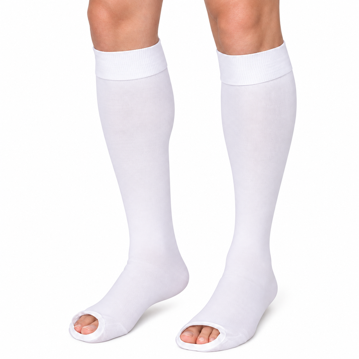Media antiembólica unisex Medivaric hasta la rodilla, talla S, color blanco, diseñada para brindar compresión y soporte en la pierna.