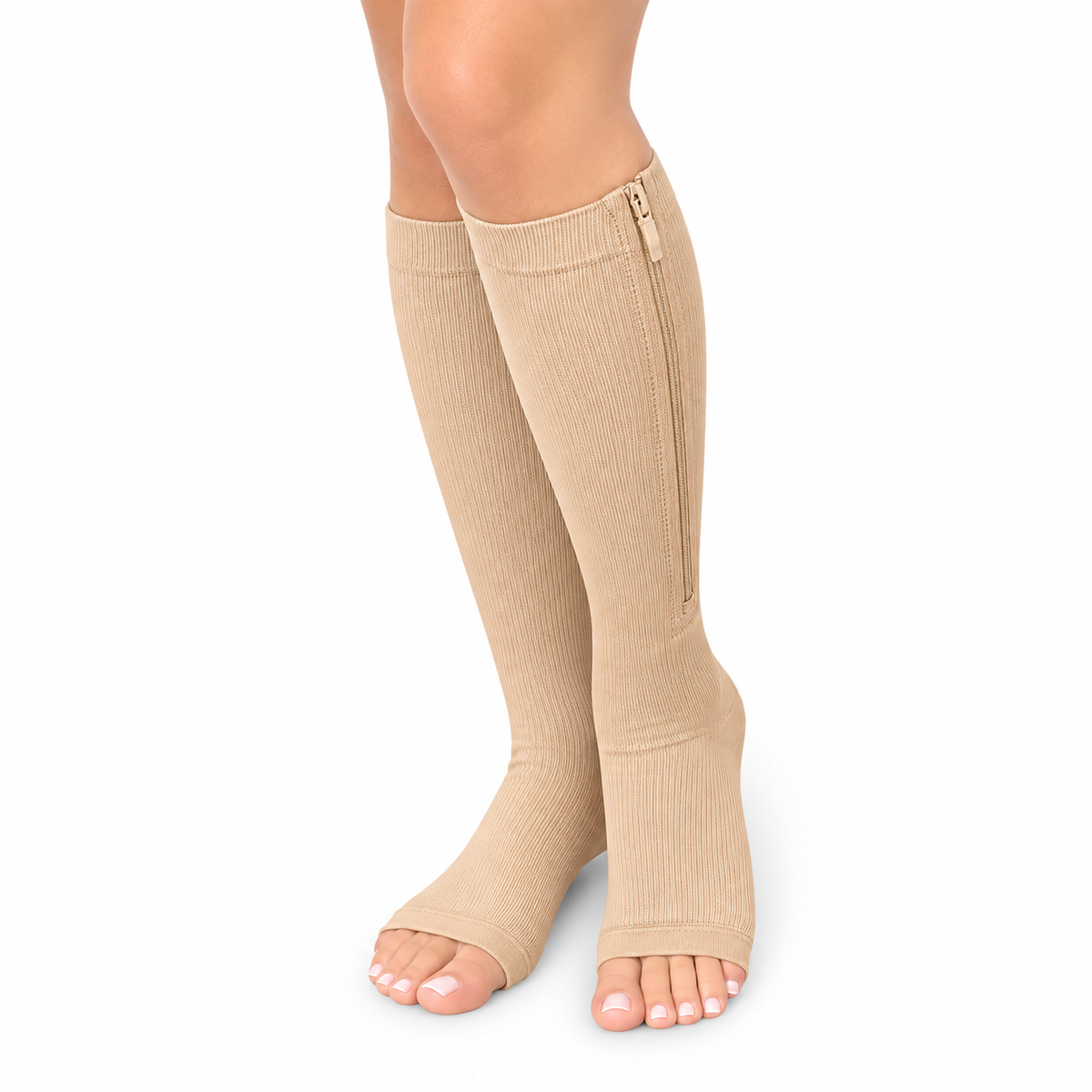 Media de compresión unisex Medivaric talla XL, color beige, diseñada para brindar soporte, ajuste y comodidad en la pierna.