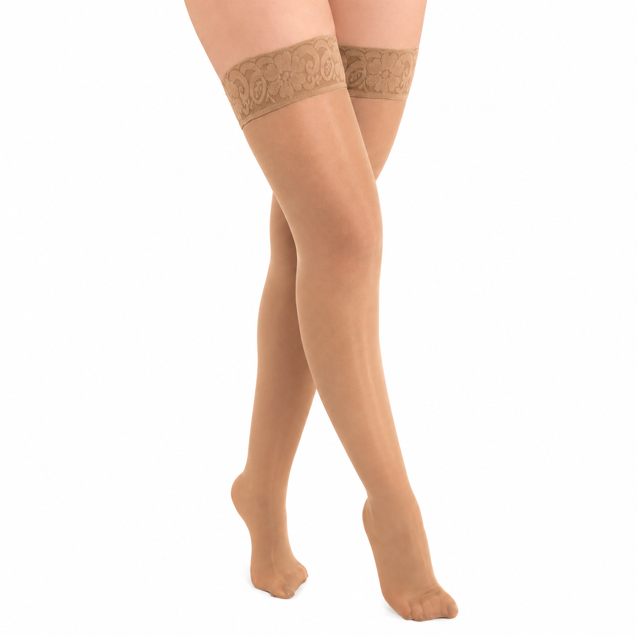 Media compresiva Medivaric para dama hasta el muslo, talla M color beige, diseñada para brindar soporte y comodidad en las piernas.