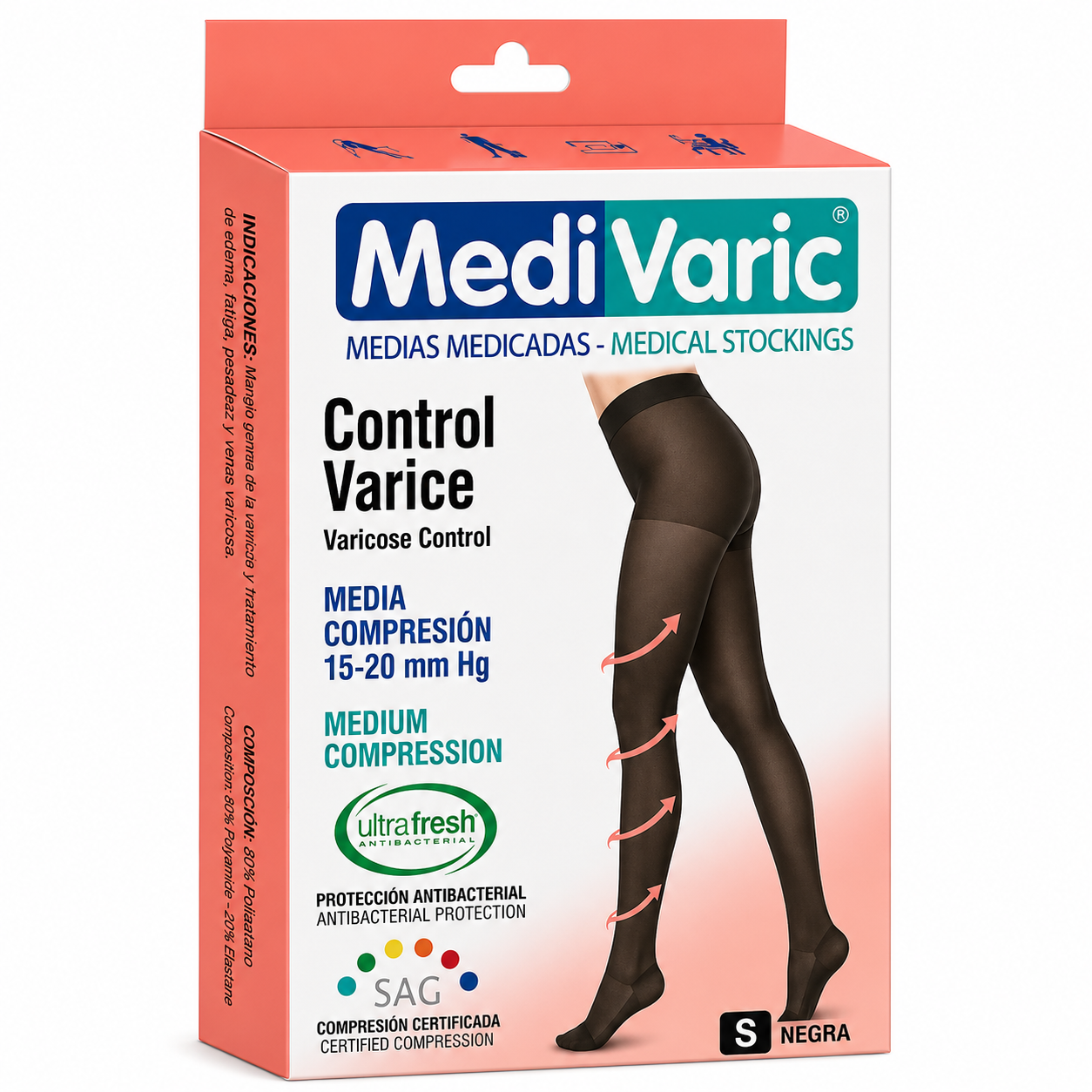 Empaque de media de compresión opaca Medivaric para dama hasta la cadera, talla S color negro.