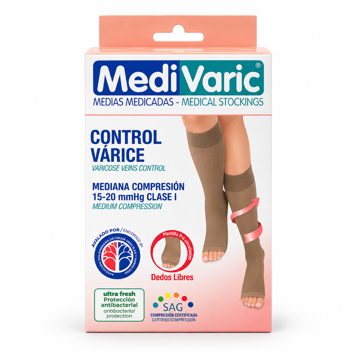 Media Medivaric de compresión para dama hasta la rodilla, 15-20 mmHg, talla S color Sahara.