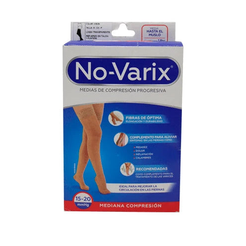 Media No-Varix Muslo Ajustable Visone en color beige, tamaño Small, diseñada para soporte y compresión en la pierna.