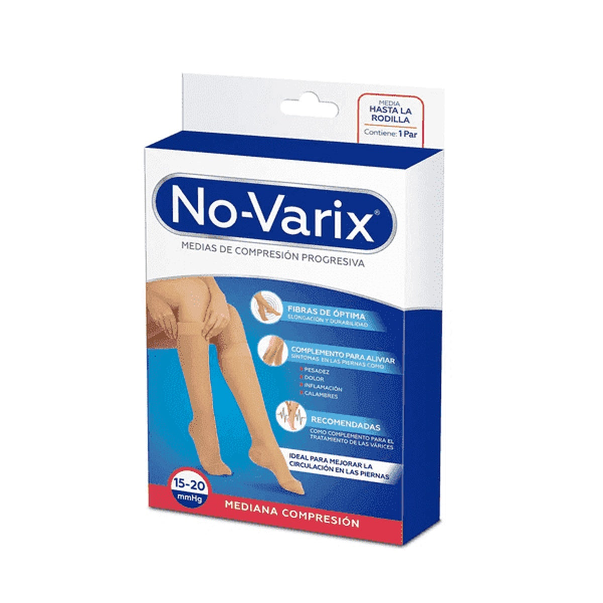Media de compresión hasta la rodilla, color beige, modelo NO-VARIX, refuerzo en talón y puntera, talla L-G, compresión 15-20 mmHg.