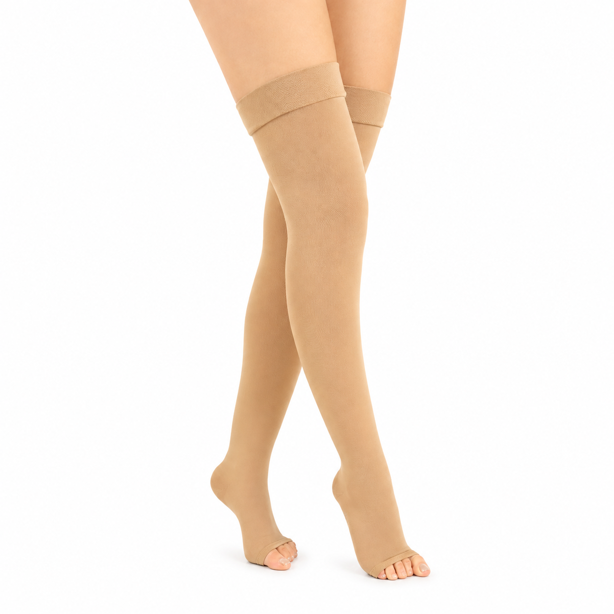 Medias compresivas Novarix 15-20 mmHg con puntera abierta, talla M, diseñadas para brindar compresión y soporte en las piernas.