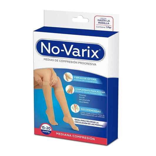 Medias de compresión para rodilla Novarix, 15-20 mmHg, puntera abierta, color negro, talla L, diseño anatómico para soporte.