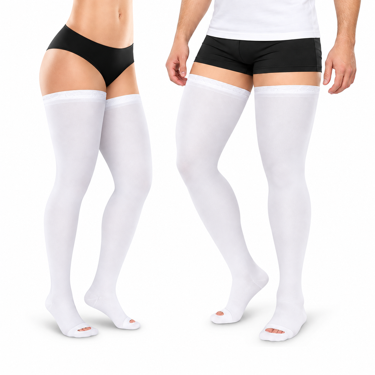 Media Medivaric antiembólica unisex hasta el muslo, talla XL color blanco, diseñada para brindar soporte y comodidad.
