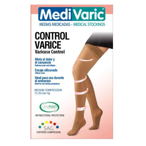 Medivaric Media Compresión Muslo T-M Beige Dama, media de compresión de tejido elástico, color beige, diseñada para uso femenino.