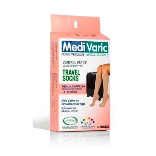Medivaric Travel Socks T-L Beige 5323P0308, calcetines unisex de compresión, color beige, diseñados para viajes y comodidad.