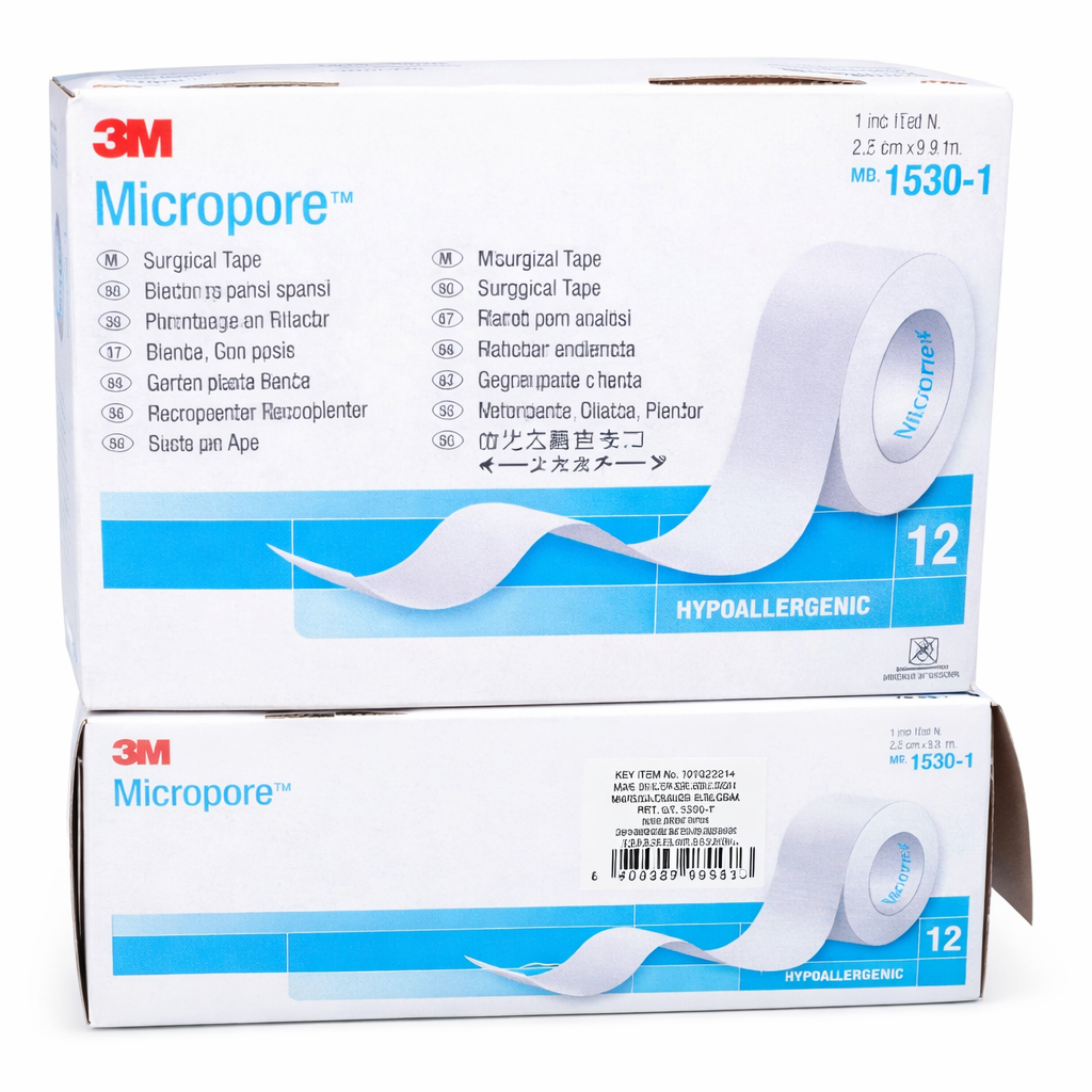 Cinta adhesiva médica MicroPore blanca de 1" de ancho, presentada en un paquete de 12 unidades, ideal para fijación de apósitos.