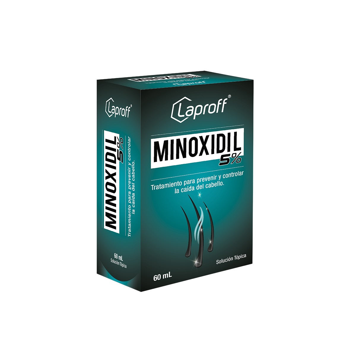 Minoxidil 5% solución de 60 ml de Laproff, frasco transparente con tapa blanca, indicado para el crecimiento capilar.