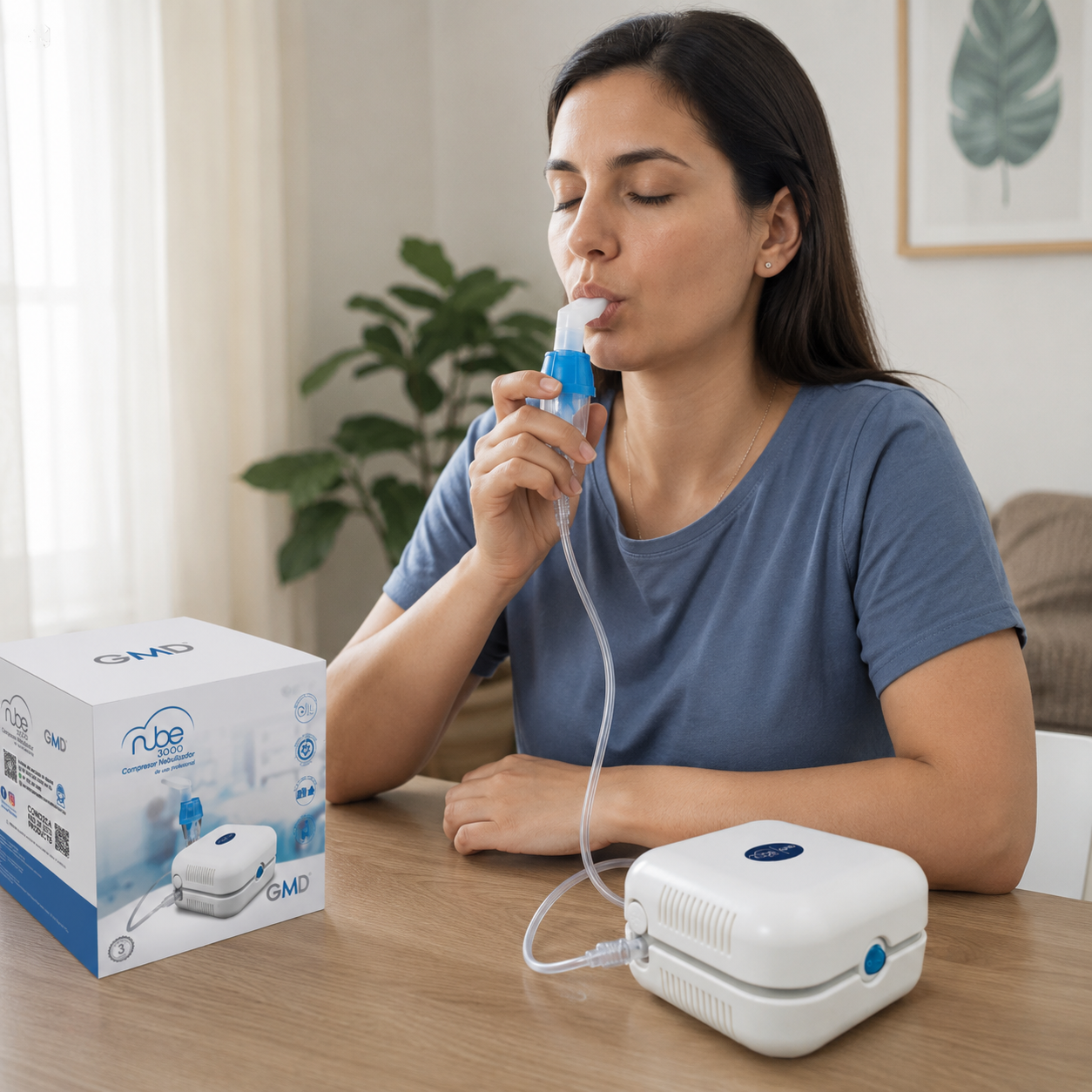 Mujer utilizando nebulizador compresor Nube 3000 GMD para una terapia respiratoria en casa