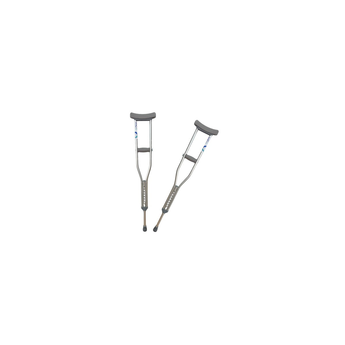 Muleta axilar CA801L en color aluminio, ajustable en altura (S: 84-114 cm, M: 114-134 cm, L: 134-154 cm), con soporte de polipropileno.