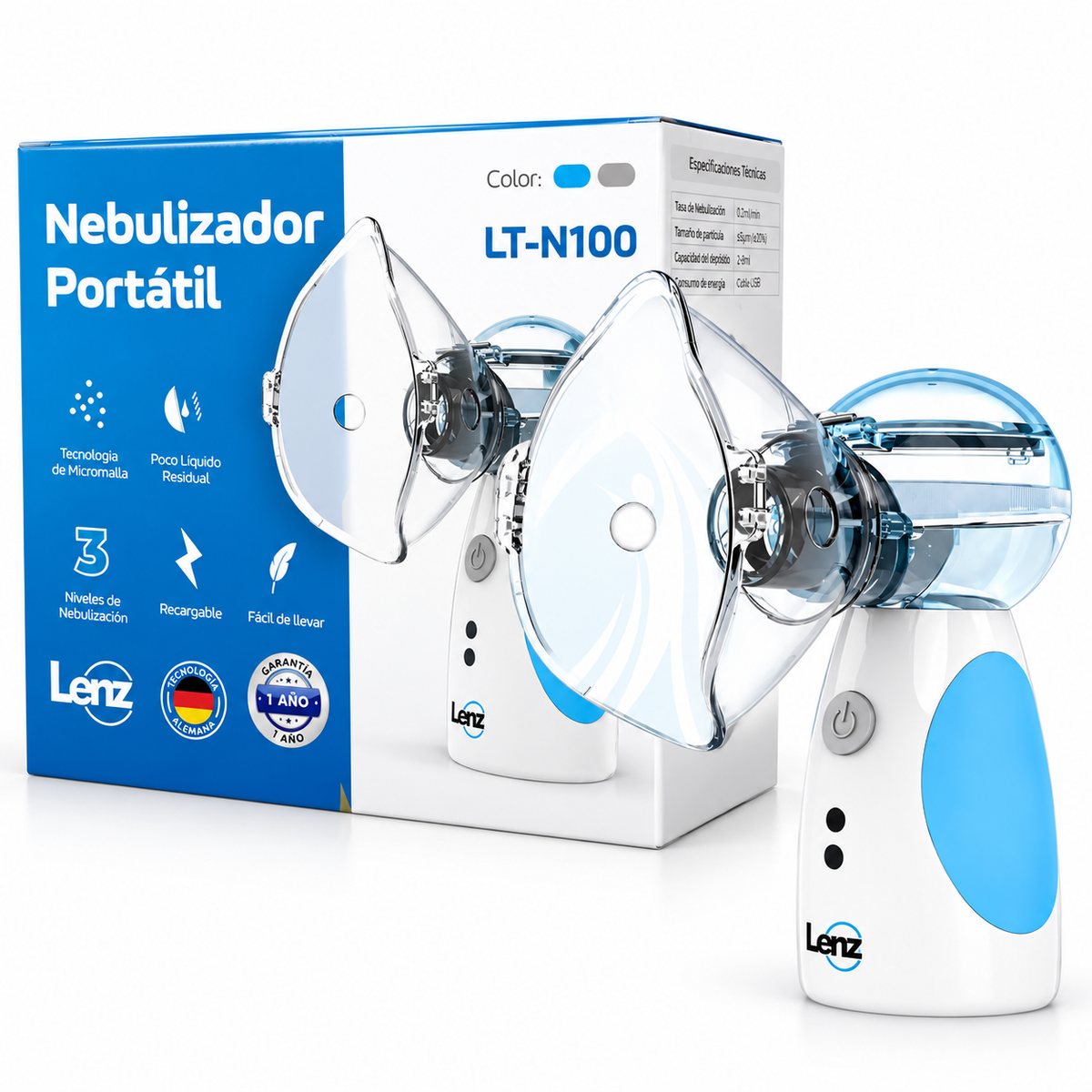 Nebulizador compacto portátil Lenz LT-N100, diseñado para facilitar terapias de nebulización de forma práctica y fácil de transportar.