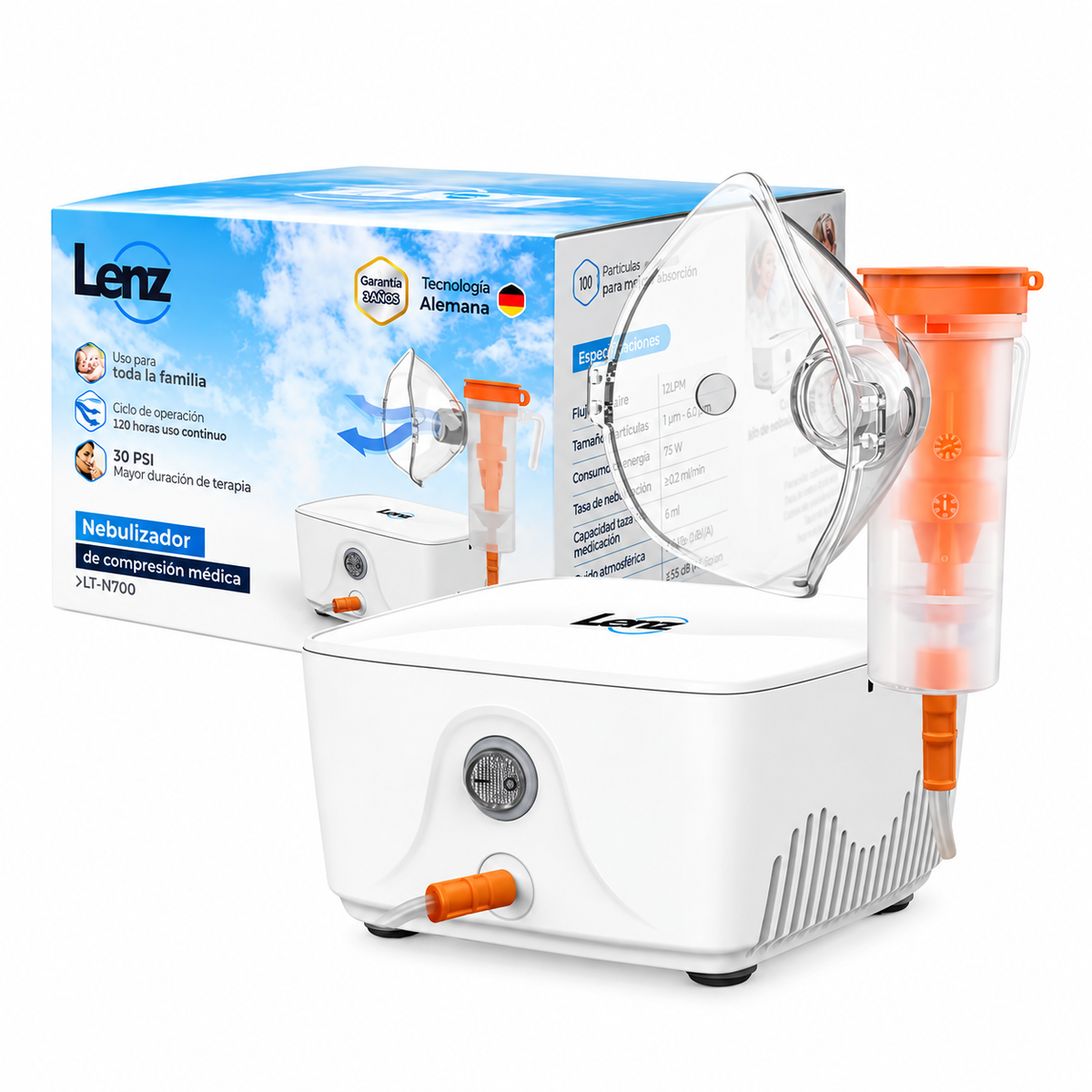 Nebulizador de compresión médica Lenz LT-N700, diseñado para apoyar terapias de nebulización y facilitar la administración de medicamentos por vía respiratoria.