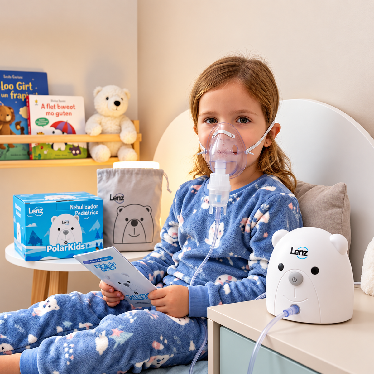 Nebulizador infantil PolarKids recargable referencia A500LWDC04, diseñado para facilitar la administración de medicamentos por nebulización de forma práctica y cómoda.