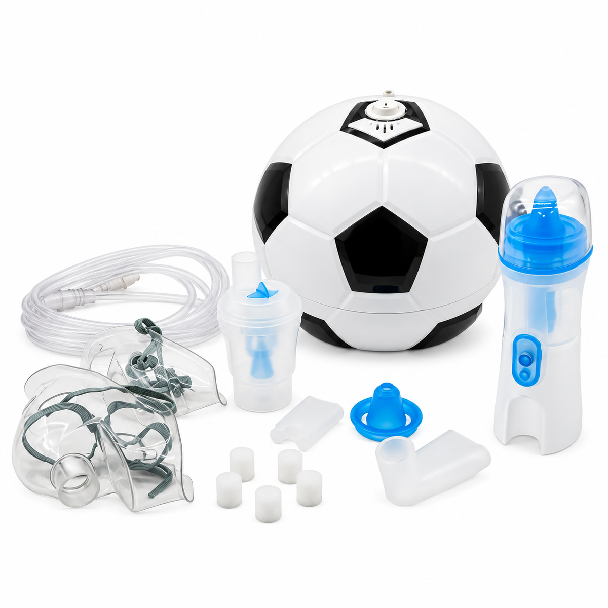 Compresor nebulizador Nube 1000 con diseño de balón de fútbol, referencia GMRN-235, diseñado para apoyar terapias respiratorias de forma práctica y amigable.