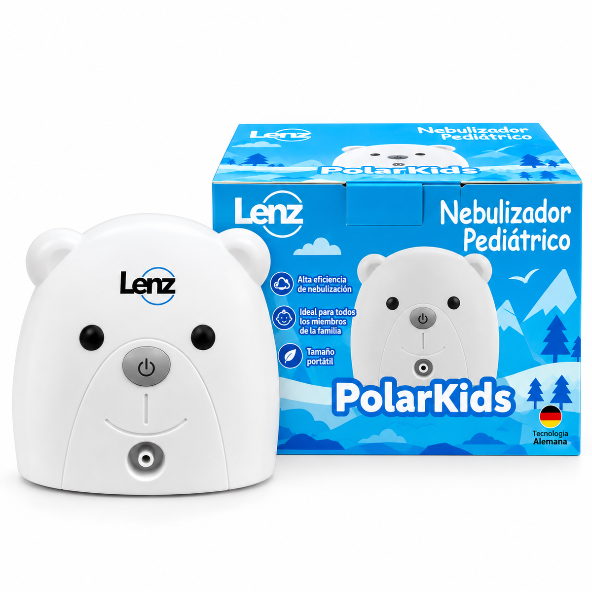 Nebulizador recargable PolarKids A500LWDC04 para uso pediátrico, diseñado para apoyar terapias de nebulización infantil de forma práctica y portátil.