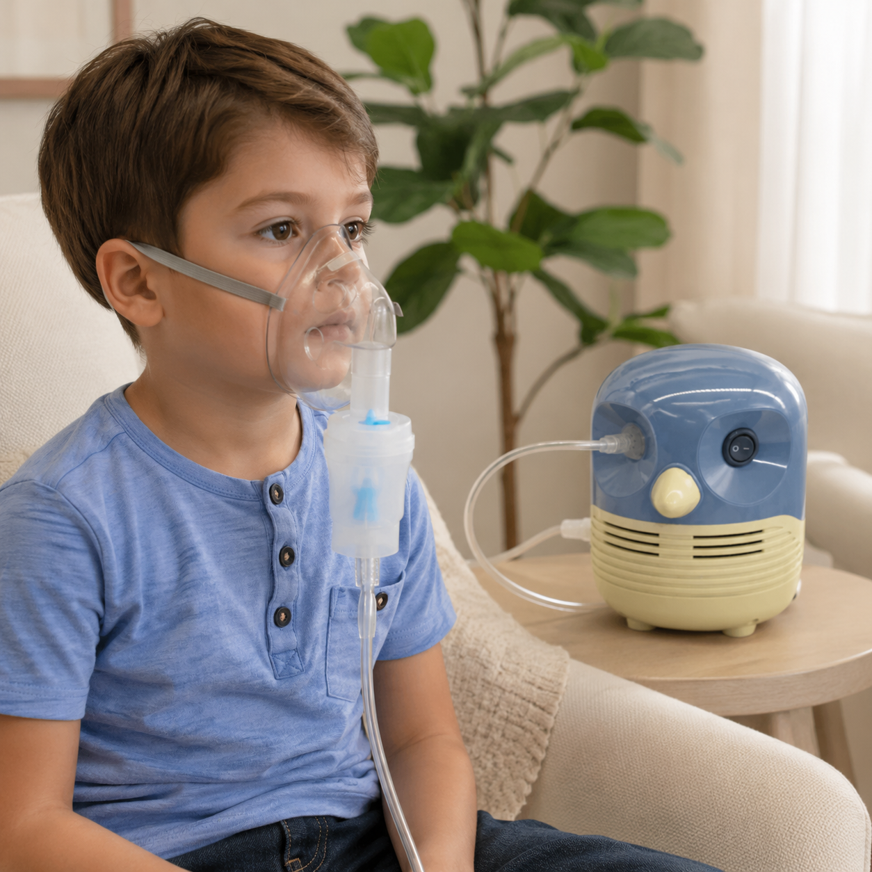 Niño utilizando el Compresor Nebulizador Nube 1000 Búho GMRN-222 durante una terapia respiratoria en casa