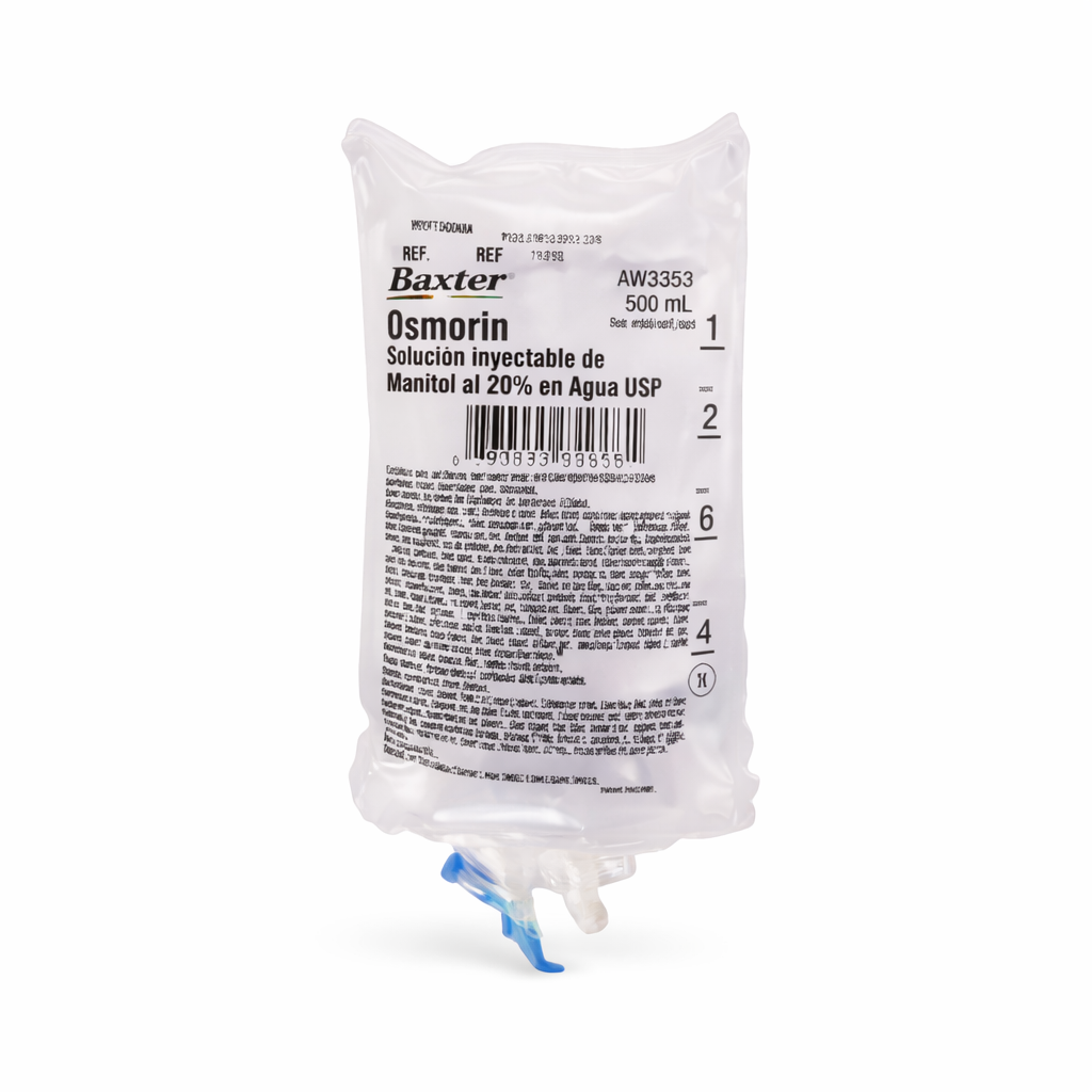 Solución inyectable OSMORIN 20% en agua, 500 ml, en bolsa de PVC, indicada como diurético osmótico, color transparente.