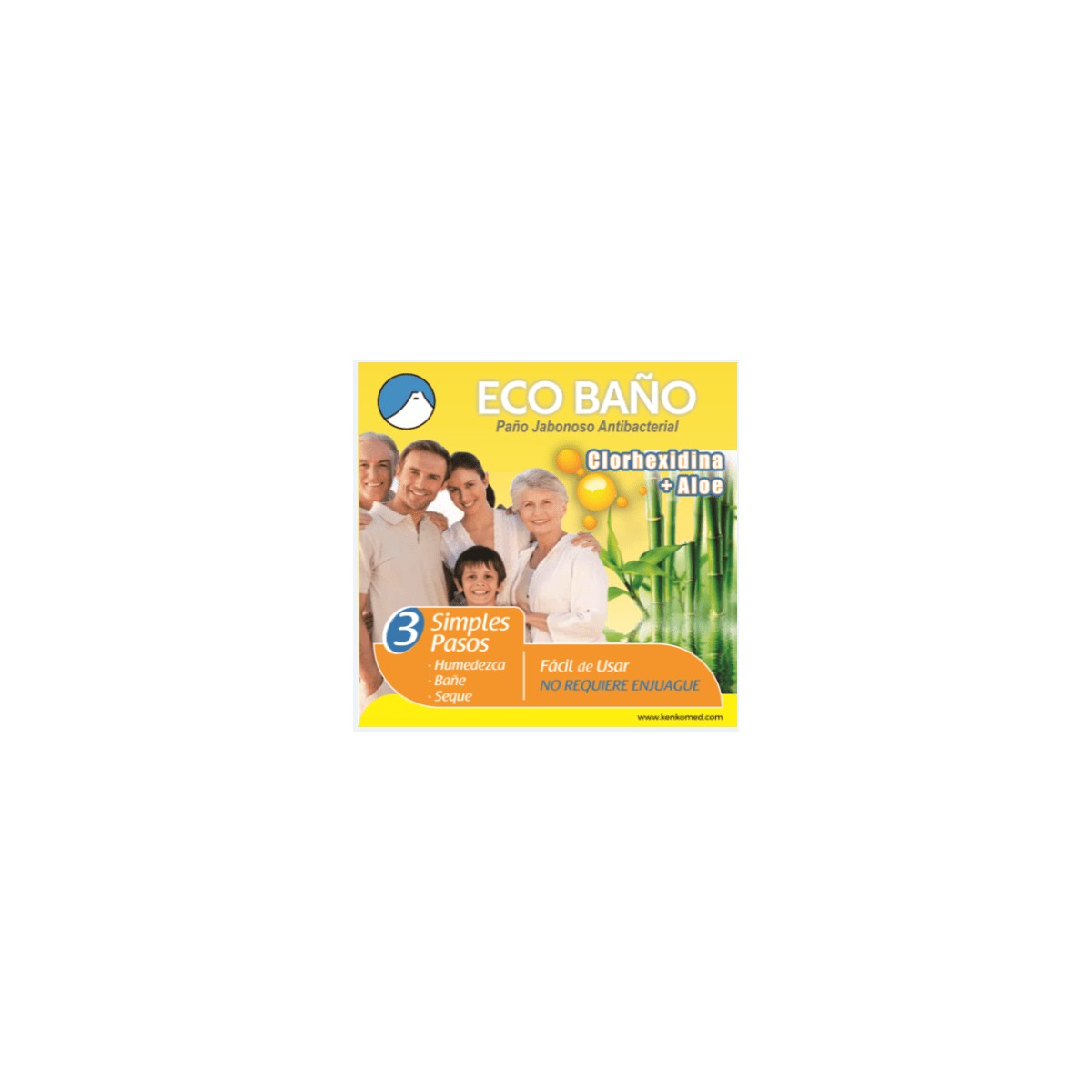 Paquete de 20 paños de baño antibacteriales de Clorhexidina y Aloe, tamaño 20x20 cm, en fondo blanco.