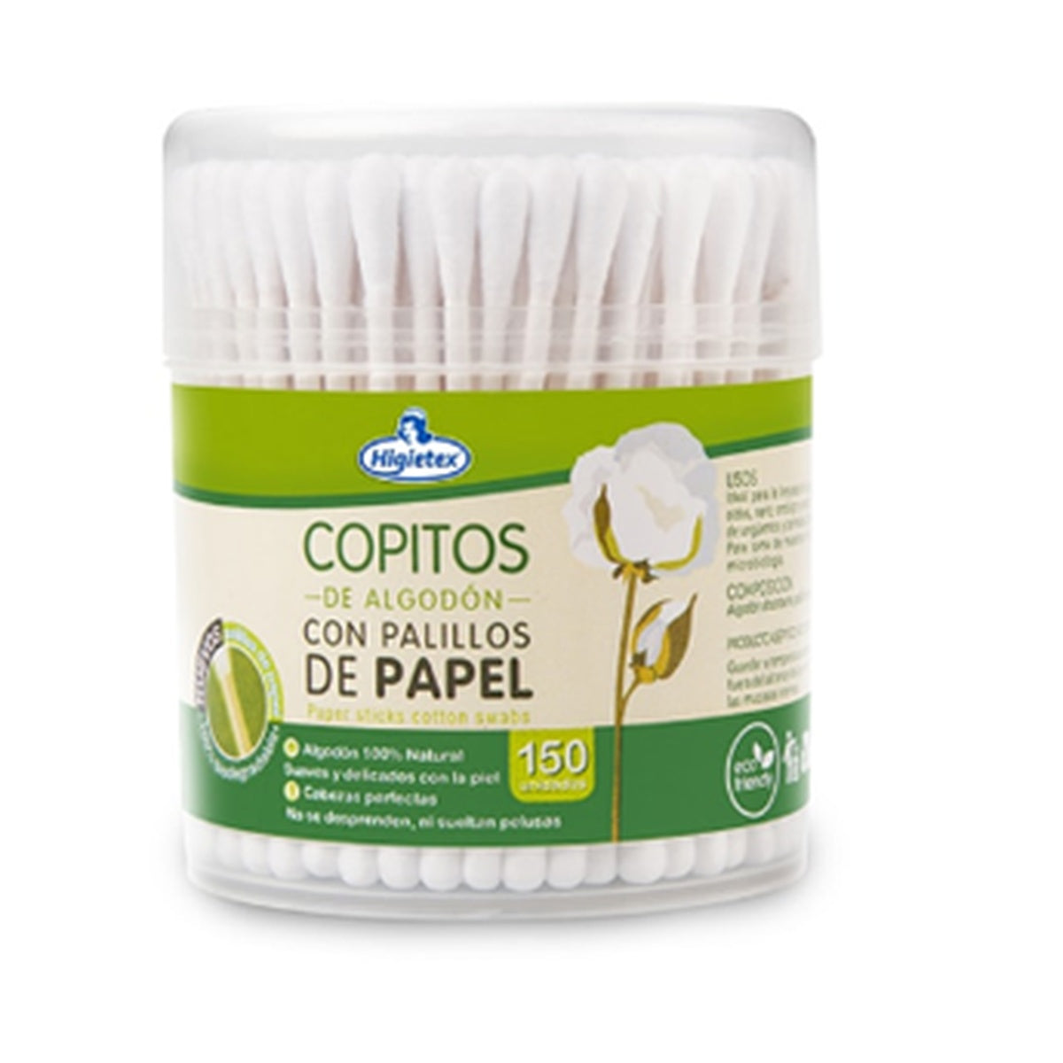 Copitos de algodón con palillo de papel de Higietex, estuche de 150 unidades, suaves y absorbentes, longitud de 72 mm.