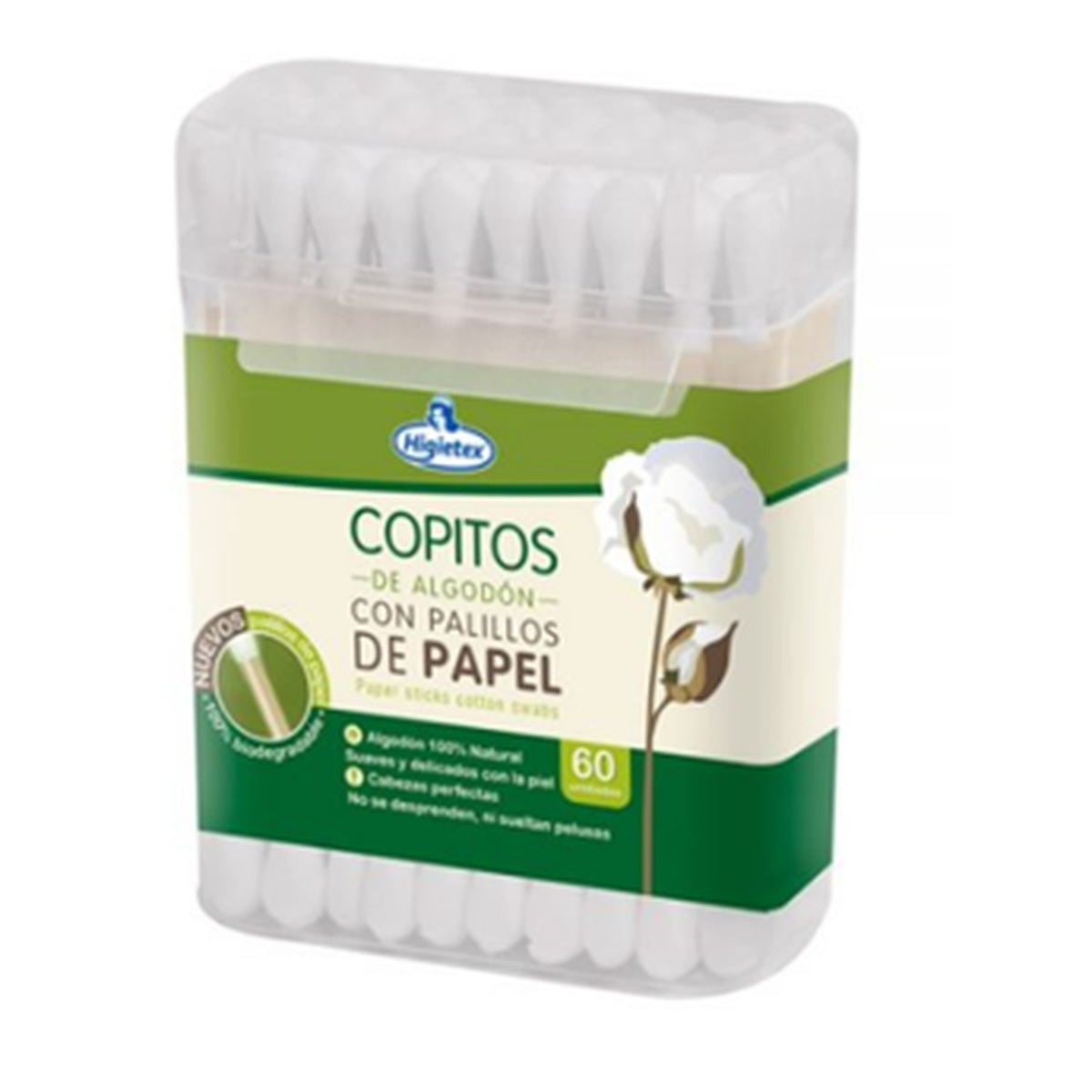 Copitos de algodón con palillos de papel Higietex, estuche de 60 unidades, suaves y absorbentes, ideales para limpieza y cuidado personal.