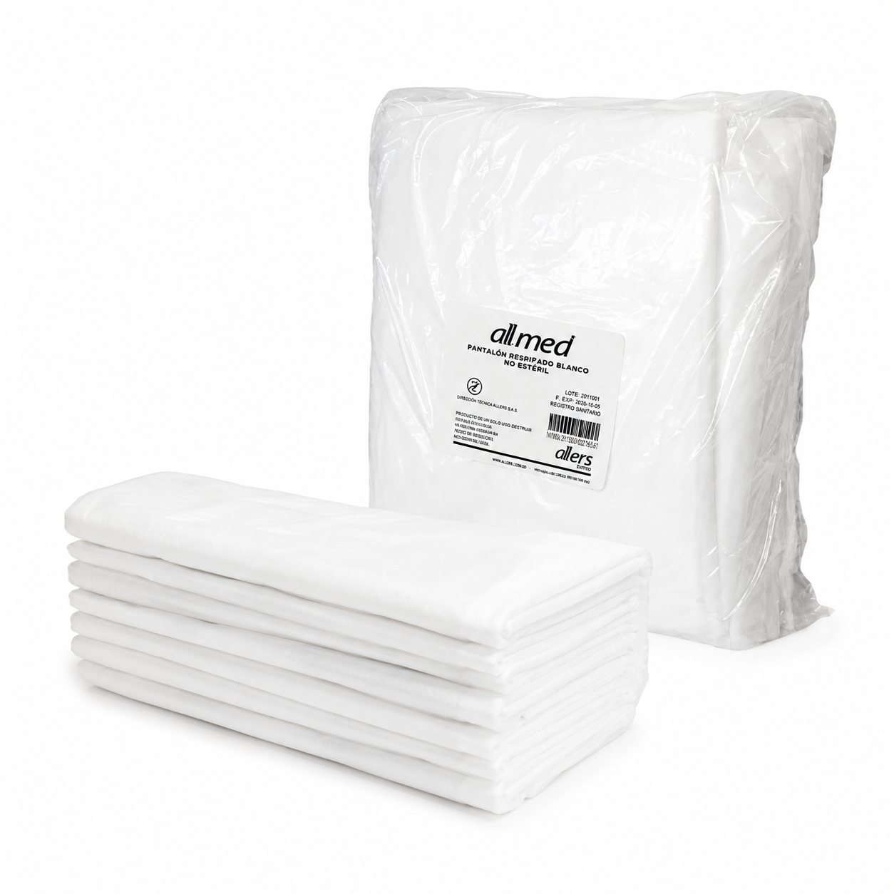 Pantalón desechable blanco con resorte 24 gramos paquete por 10 unidades Allmed para uso médico y hospitalario.