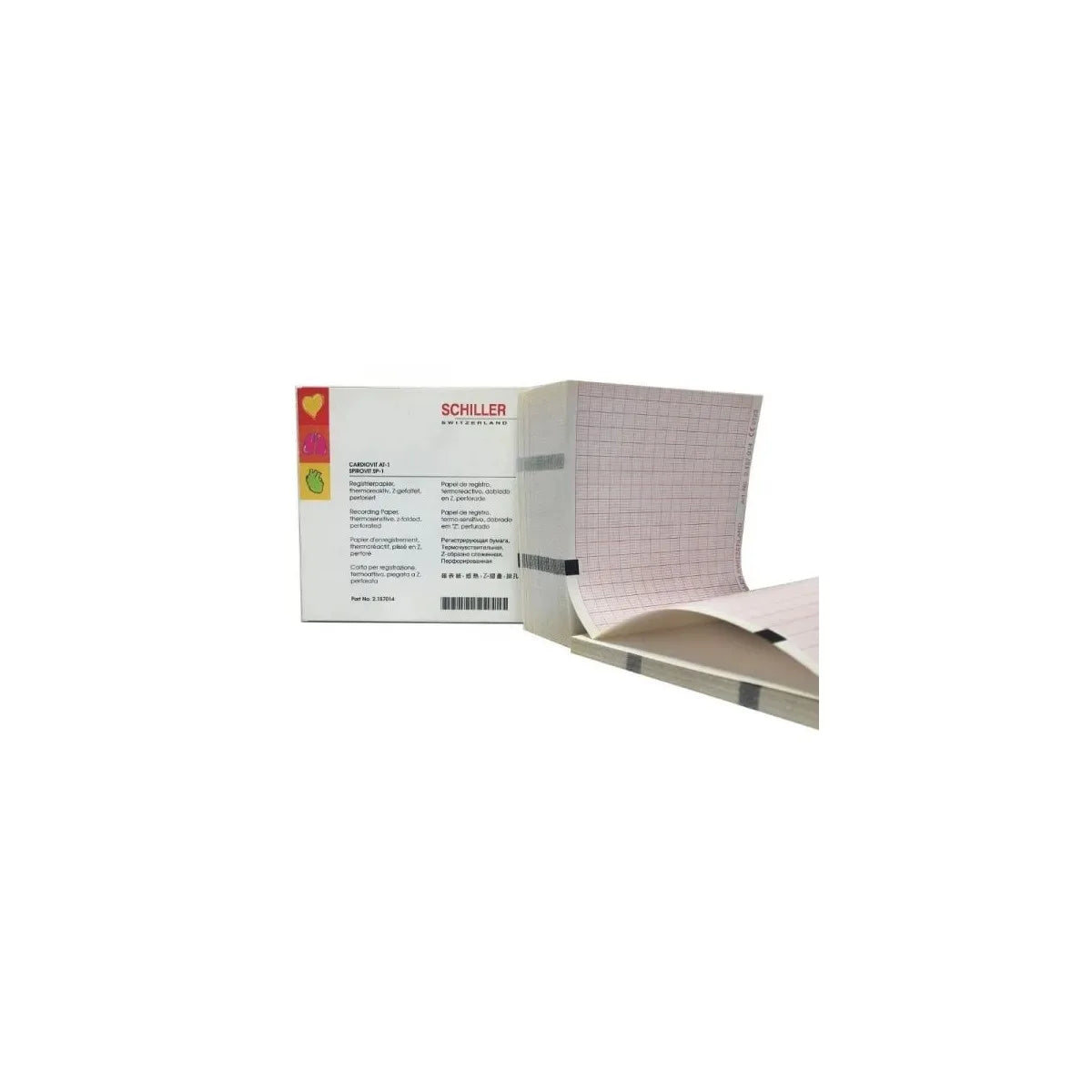 Papel térmico de alta sensibilidad para ECG Schiller 2.157.026, color rojo, dimensiones 80 mm x 70 mm, 300 hojas, sin recubrimiento.