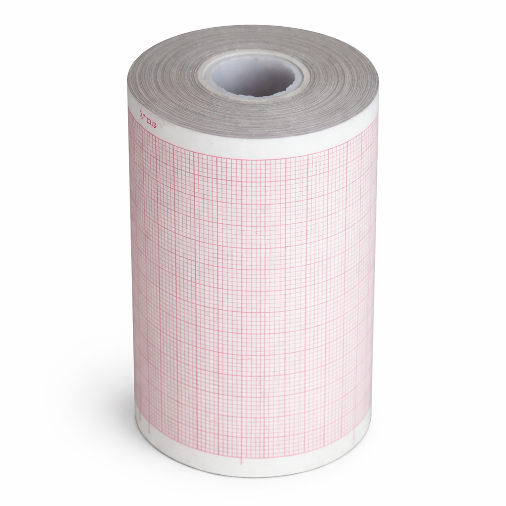 Papel térmico de alta sensibilidad para equipos ECG EDAN SE-3, rollo de 80 mm x 20 m, con sensores magnéticos y ópticos.