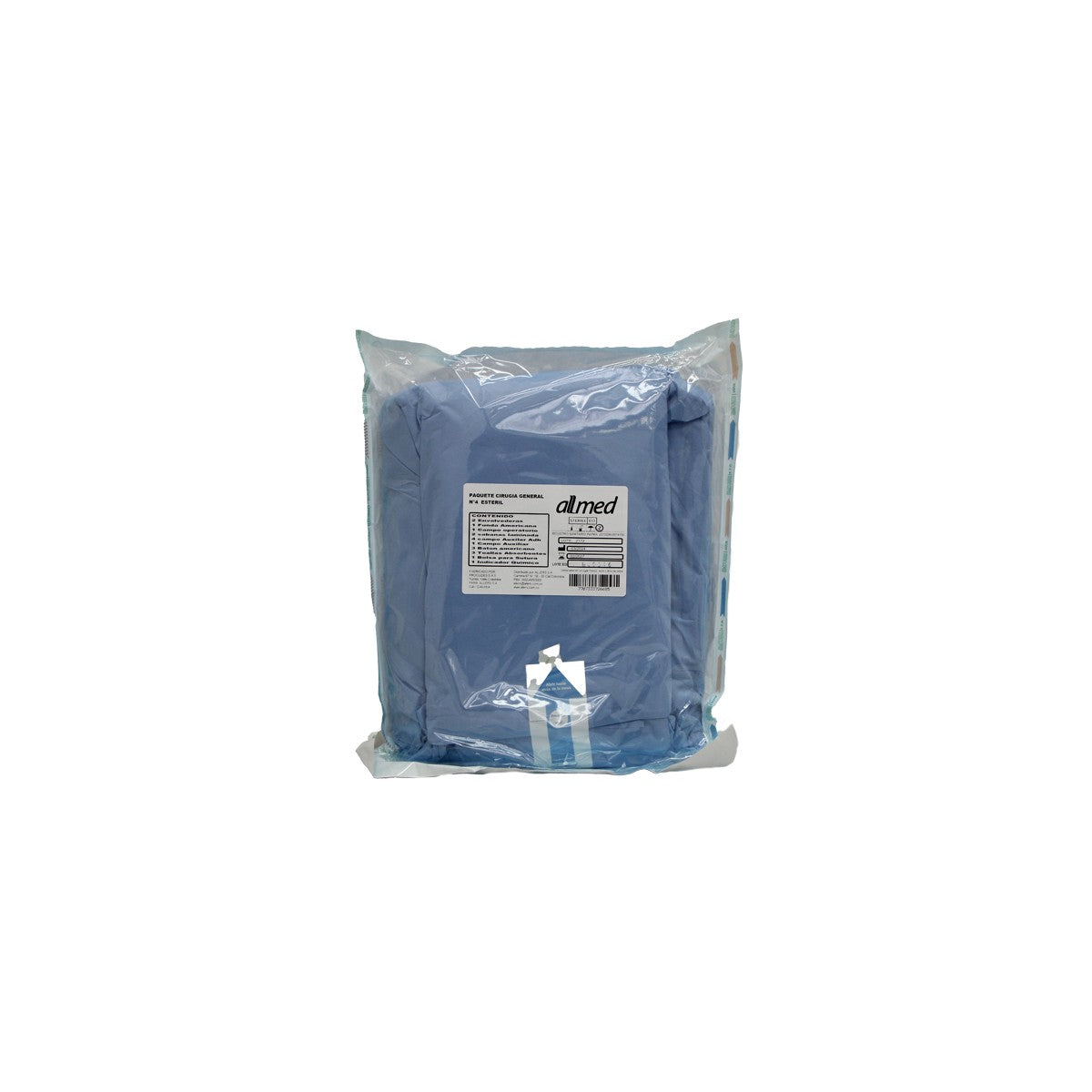 Paquete de cirugía general esteril N°4 de Allmed, compuesto por instrumentos quirúrgicos de acero inoxidable, presentados en un empaque individual.