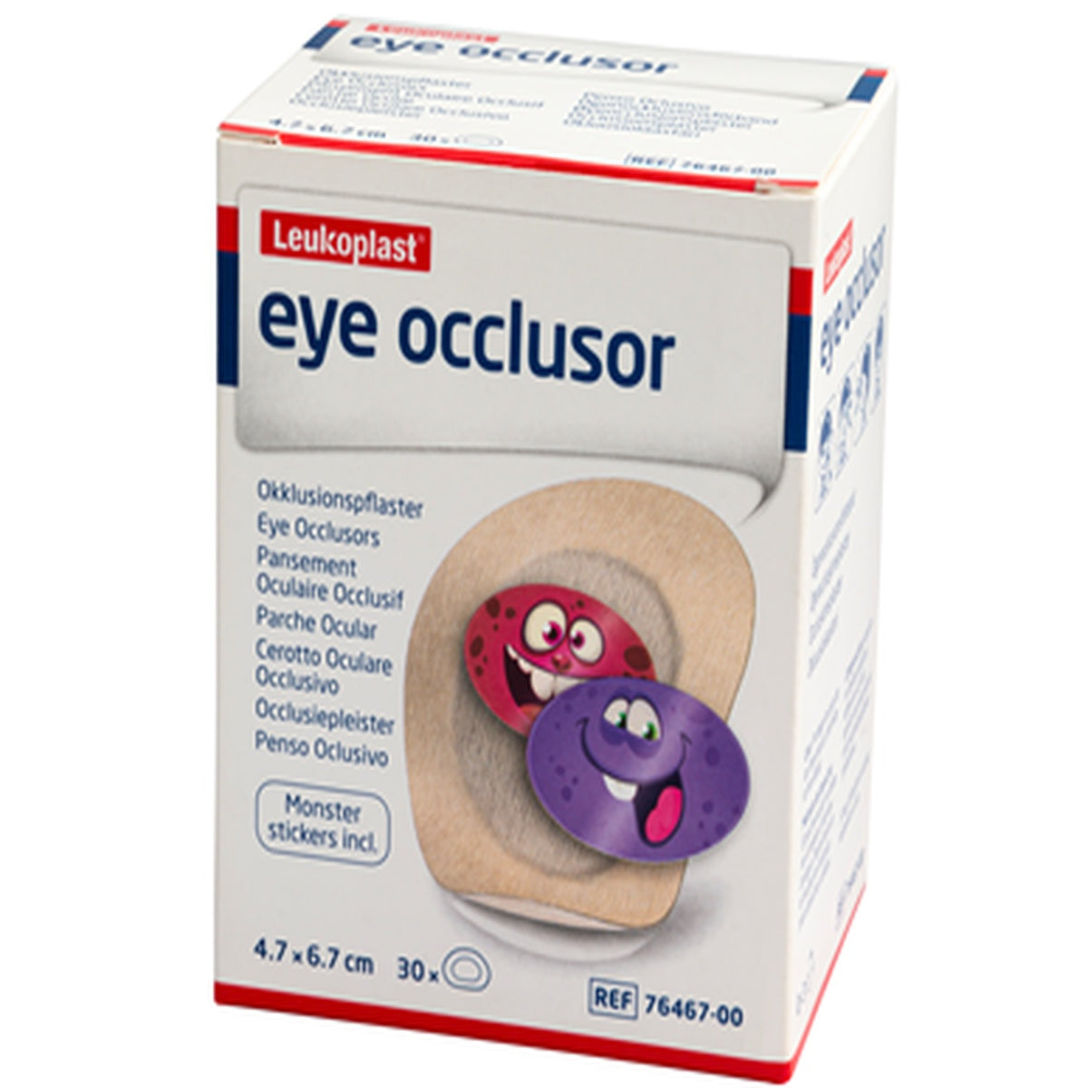 Parche ocular Leukoplast Junior de 4,7 cm x 6,7 cm, color piel, con soporte no tejido y adhesivo acrílico, presentado en caja de 30 unidades.