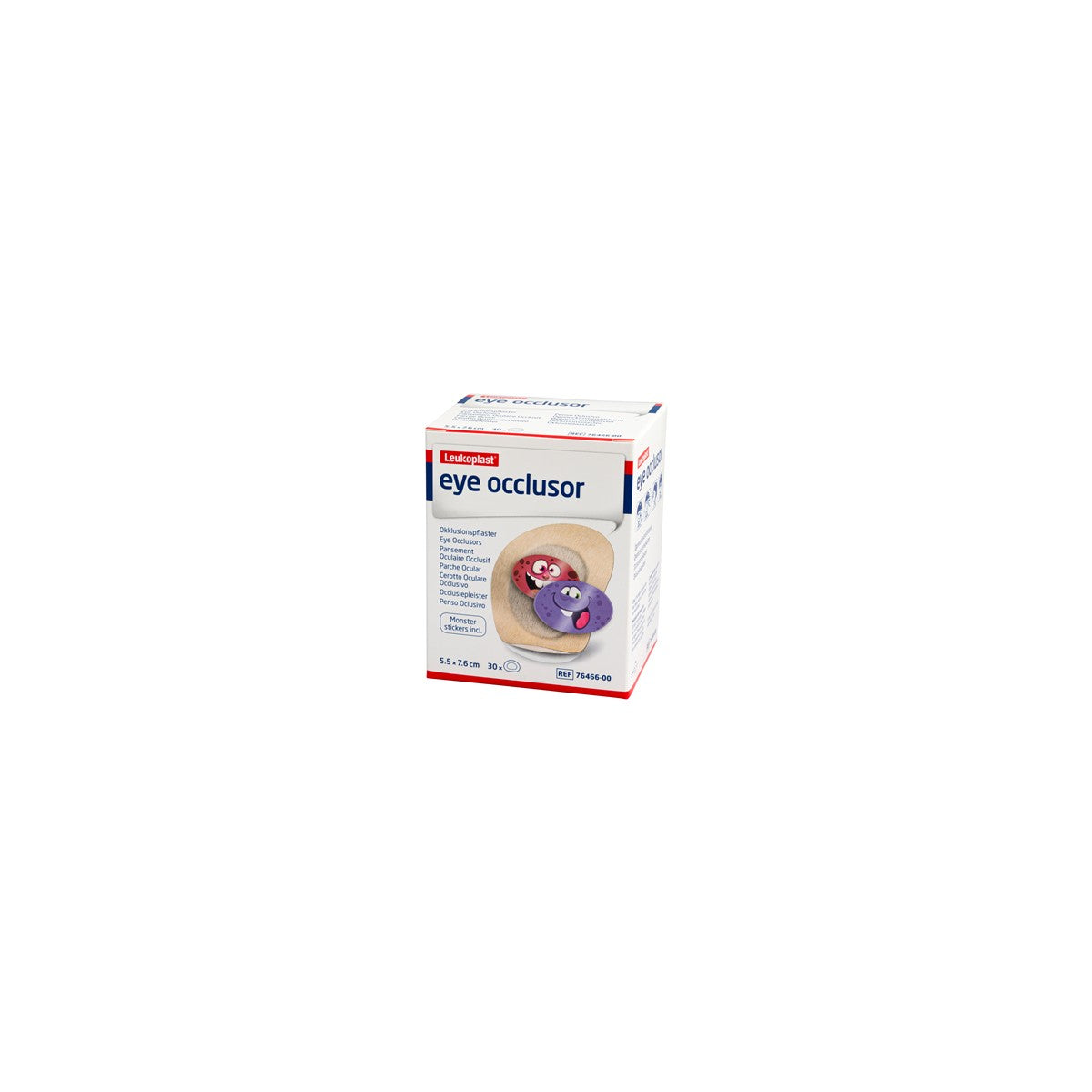 Parche ocular Leukoplast Regular de 5.5x7.6 cm, presentado en caja con 30 unidades, ideal para uso clínico y protección ocular.