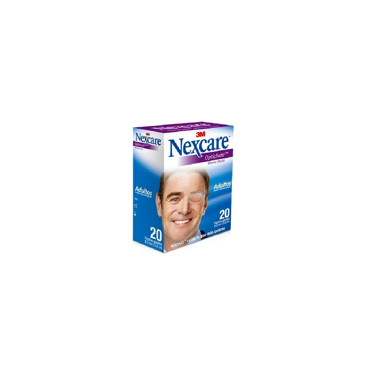 Parche ocular Nexcare Opticlude para adulto, 20 unidades, de color blanco, diseñado para cubrir el ojo, con adhesivo suave y cómodo.