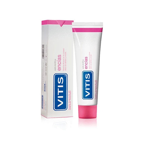 Pasta dentífrica VITIS ENCIAS de 75 ml, diseñada para el cuidado de encías, en tubo blanco con tapa azul.