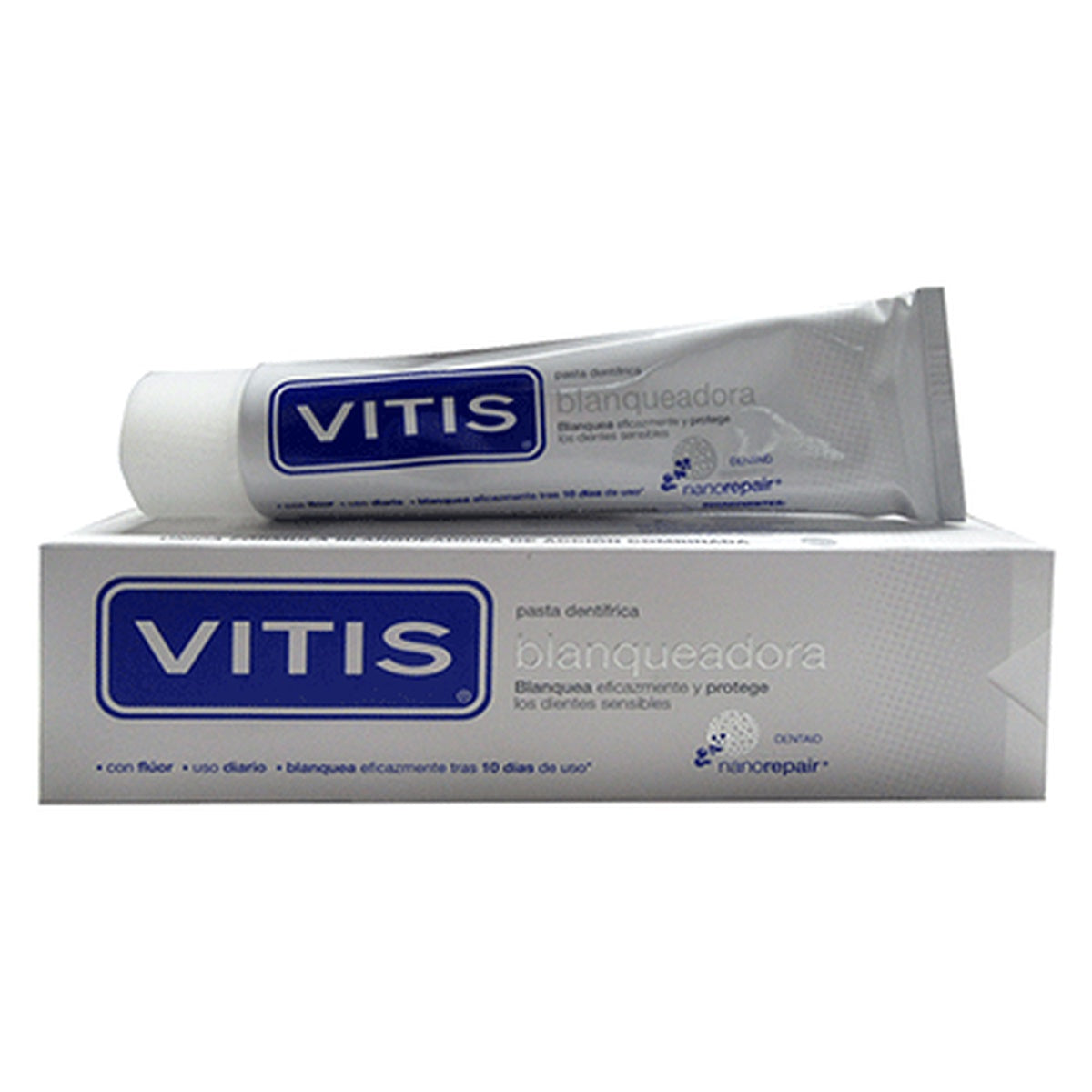 Pasta dental VITIS Blanqueadora de 100 ml, color blanco opaco, textura homogénea, diseñada para eliminar manchas del esmalte.