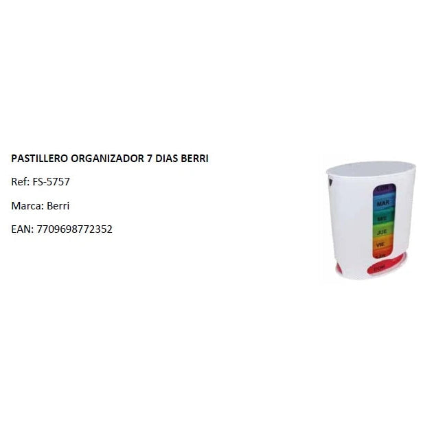 Pastillero organizador semanal de 7 días Berri FS-5757, fabricado en plástico transparente, con compartimentos coloridos para cada día.