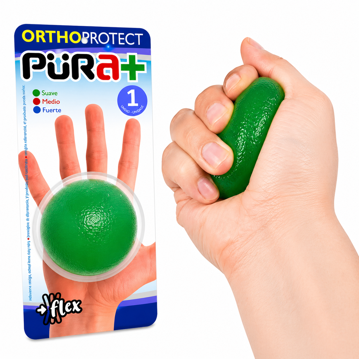 Pelota de fisioterapia verde utilizada en ejercicio de mano para rehabilitación y fortalecimiento muscular con textura antideslizante