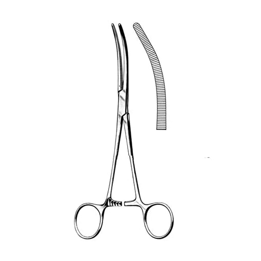 Pinza Curva Rochester de 14.5 cm, acero inoxidable, con acabado pulido y diseño ergonómico para uso clínico.