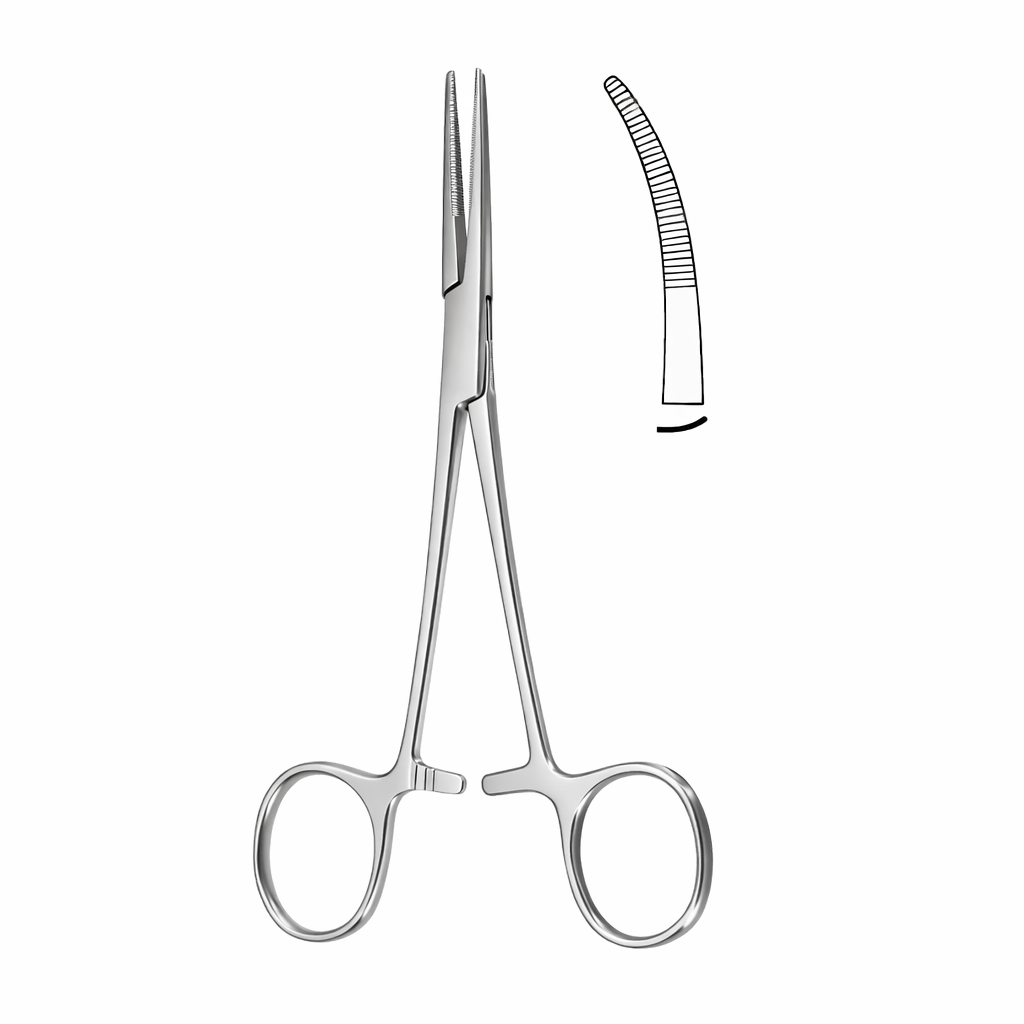 Pinza Kelly recta de 14 cm, modelo 12.240.14, fabricada en acero inoxidable, con acabado pulido y mango ergonómico.