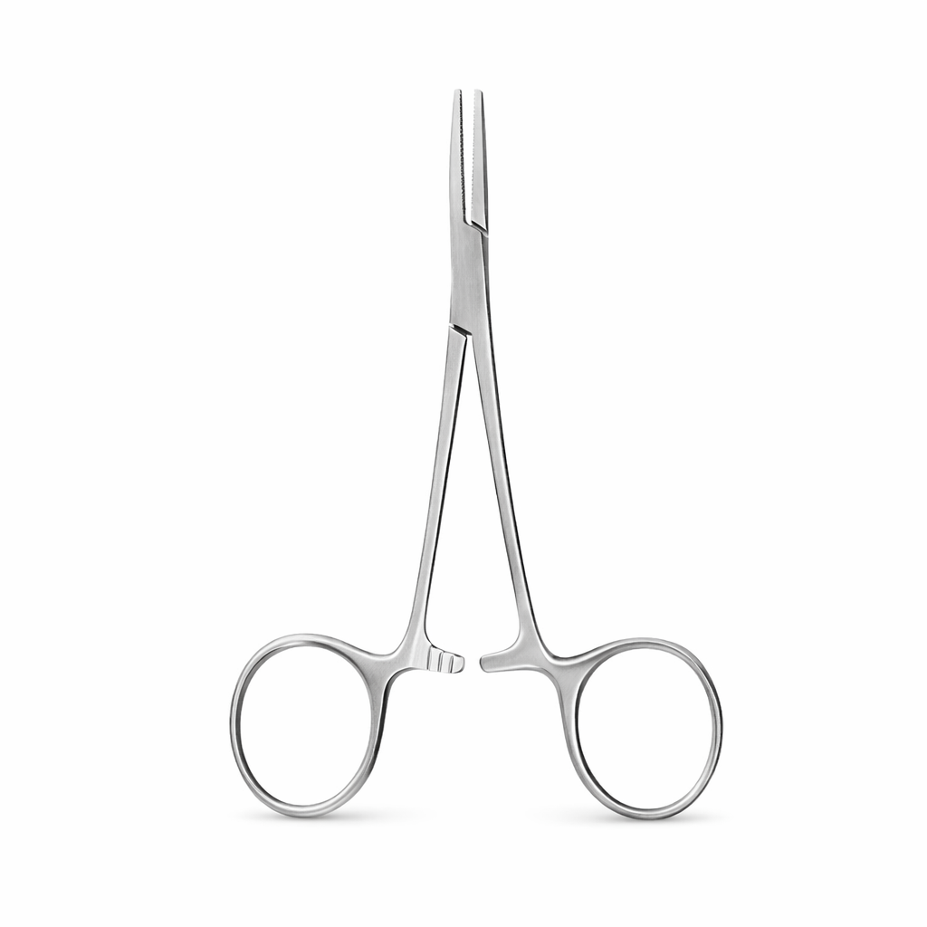 Pinza Mosquito Recta de 12.5 cm, marca profesional, fabricada en acero inoxidable, con acabado pulido y diseño ergonómico.