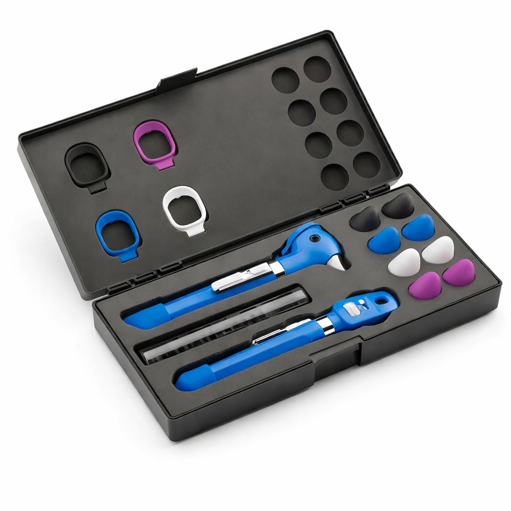 Estuche rígido azul con 4 bumpers, diseñado para el Pocket LED Plus 92880, ideal para protección y transporte.