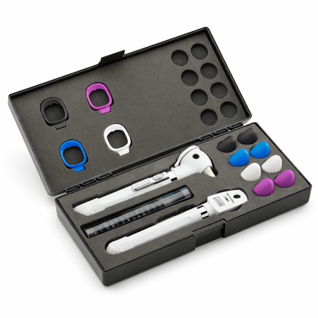 Otoscopio Pocket LED Plus 92880 Welch Allyn blanco (nieve) con estuche rígido y set de bumpers x4, ideal para diagnóstico clínico portátil