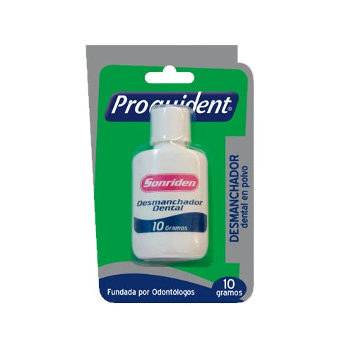 Polvo desmanchador dental SONRIDEN de 10g, en envase blanco, diseñado para blanquear dientes de forma eficaz.