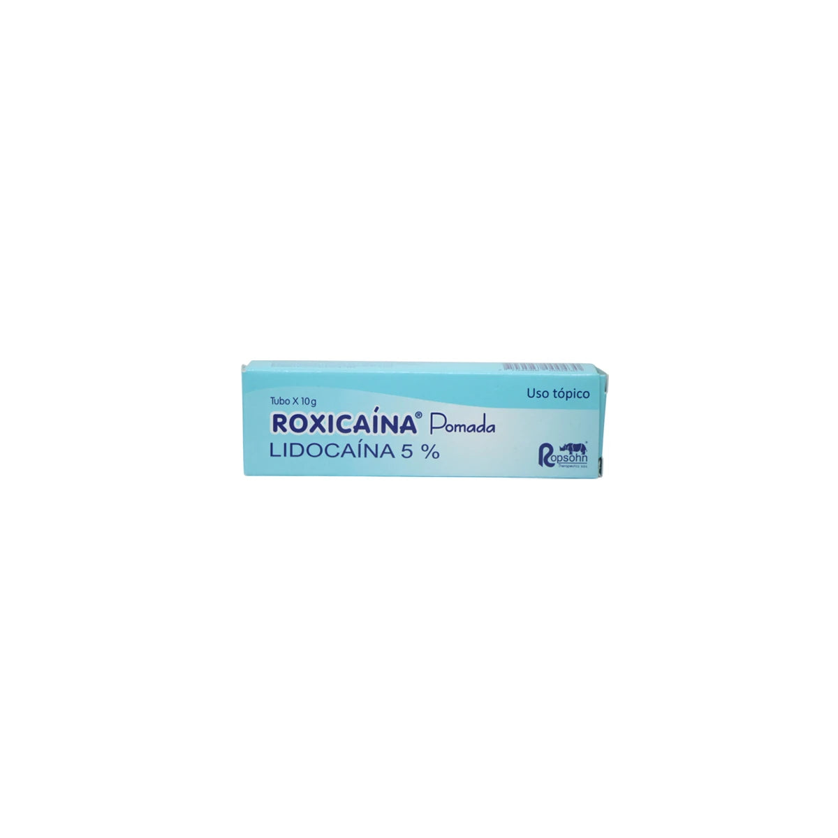 Roxicaina Pomada 5%, tubo de 10g, crema de color blanco, diseñada para el alivio rápido del dolor en áreas específicas.