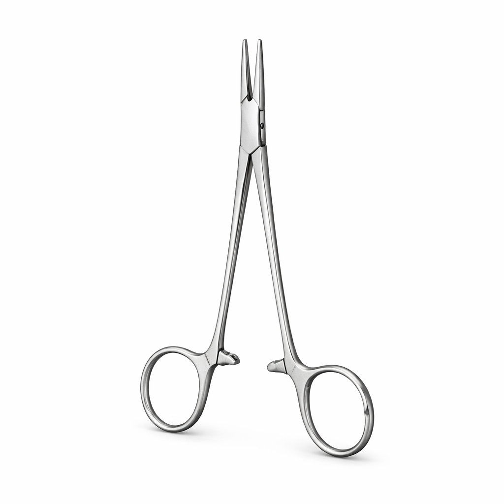 Porta agujas de 12 cm, marca Premium, acabado metálico brillante, diseño ergonómico y punta afilada para precisión en suturas.