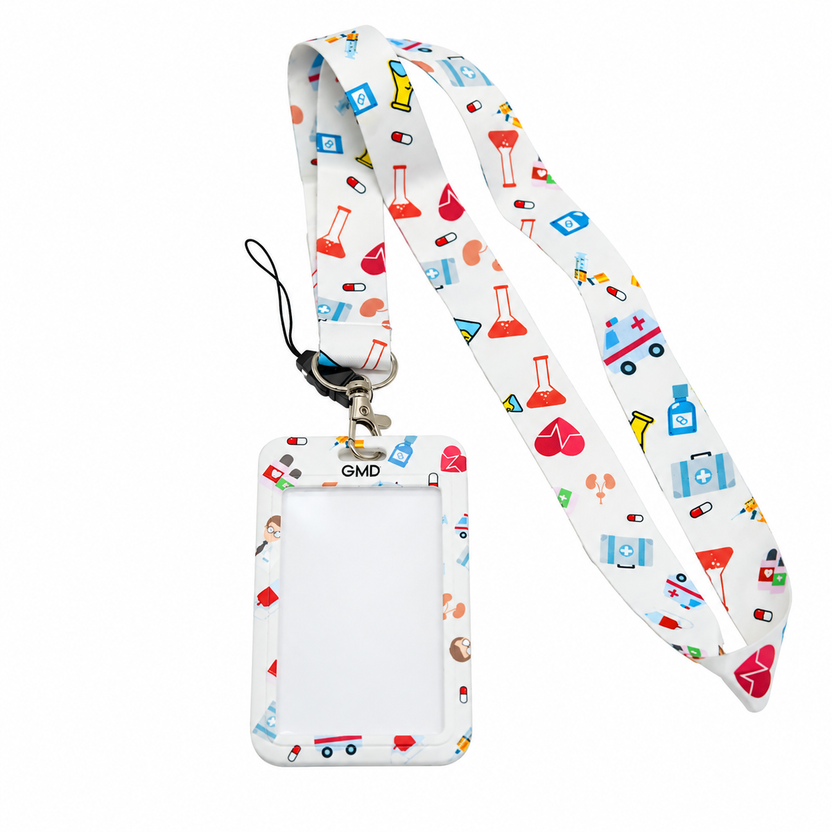 Porta carnet vertical GMD con lanyard y diseño de ambulancia, práctico para llevar la identificación durante jornadas académicas o profesionales.