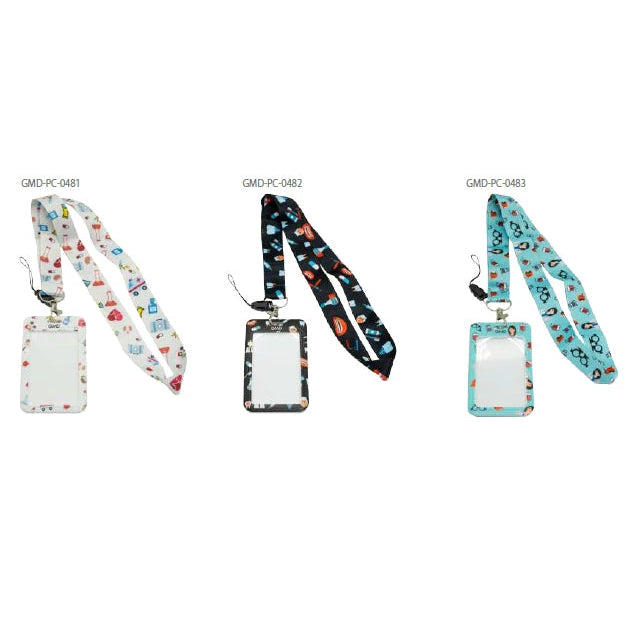 Porta carnet vertical para doctora de la marca GMD, con lanyard, en color blanco y diseño profesional, ideal para identificación.